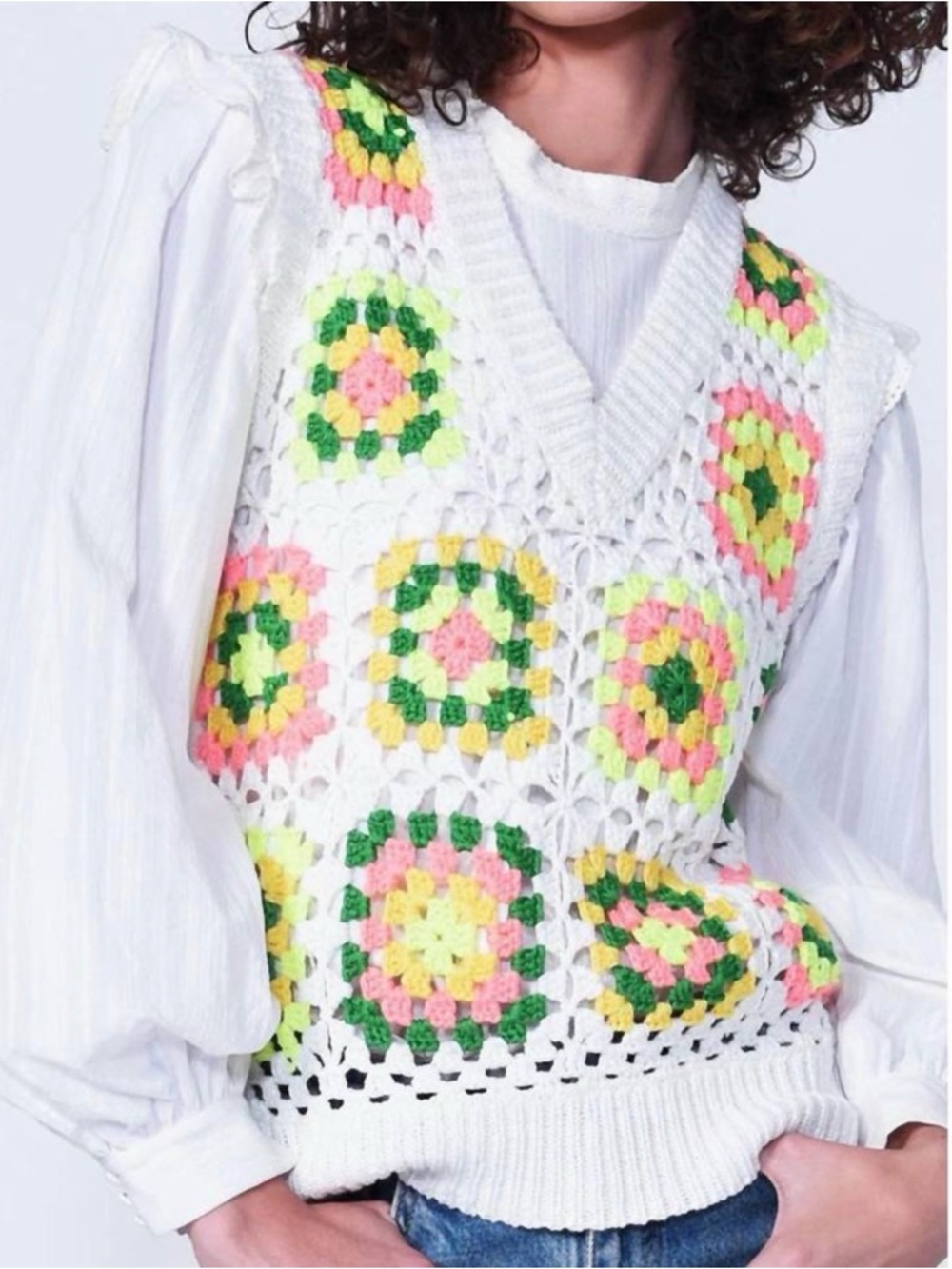 Greylin White Crochet V-Neck Sweater Vest with Neon Floral | SZ M